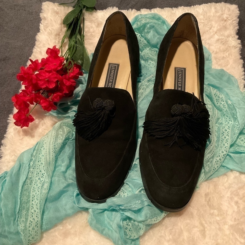 Jennifer Moore Black Suede Tasseled Flats